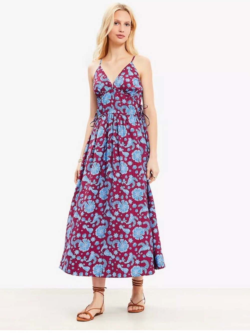 Loft Floral Print V-Neck Maxi Dress in Burgundy and Light Blue
